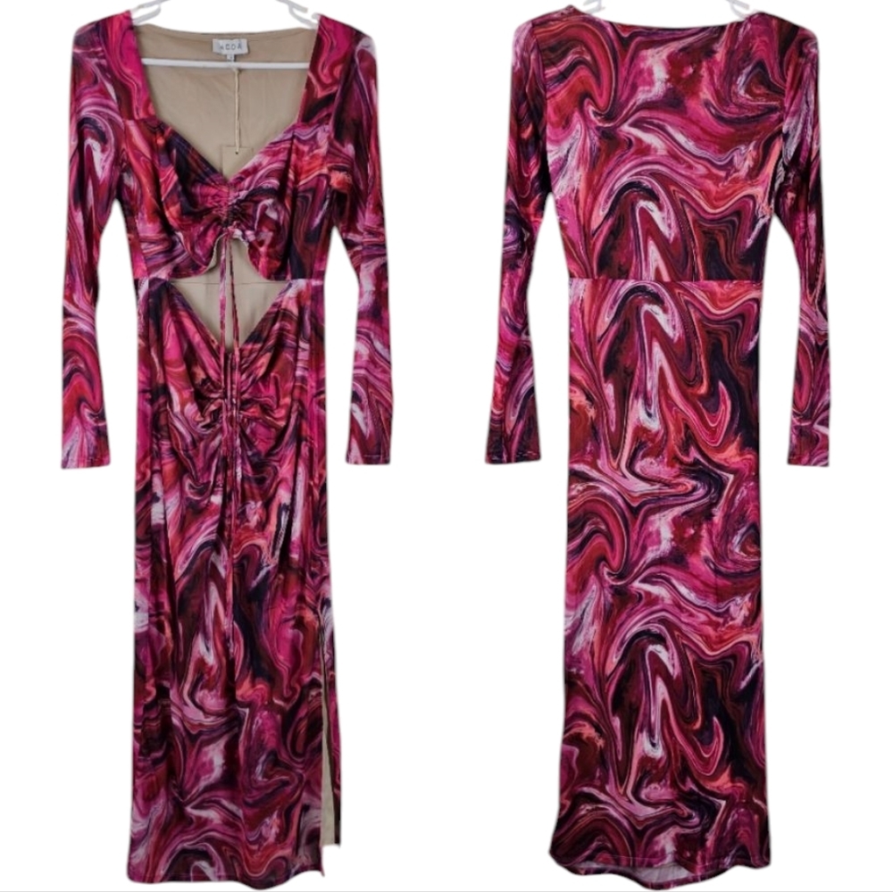 VICI Marble Print Mesh Cutout Midi Dress Red Pink Size Small NWT